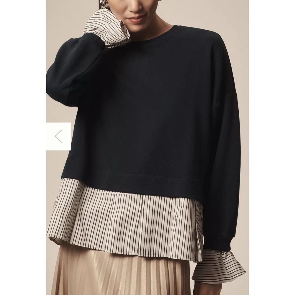 New Anthropologie Maeve Striped Trim Twofer Sweatshirt Navy Preppy Academia Sz L